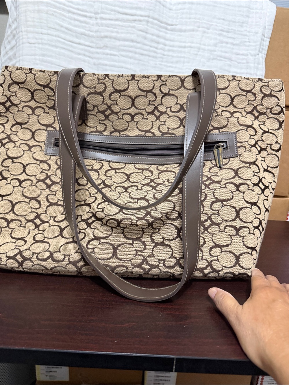 Disney Brown Canvas Tote with Signature Pattern and Leather Straps - Picture 2 of 5